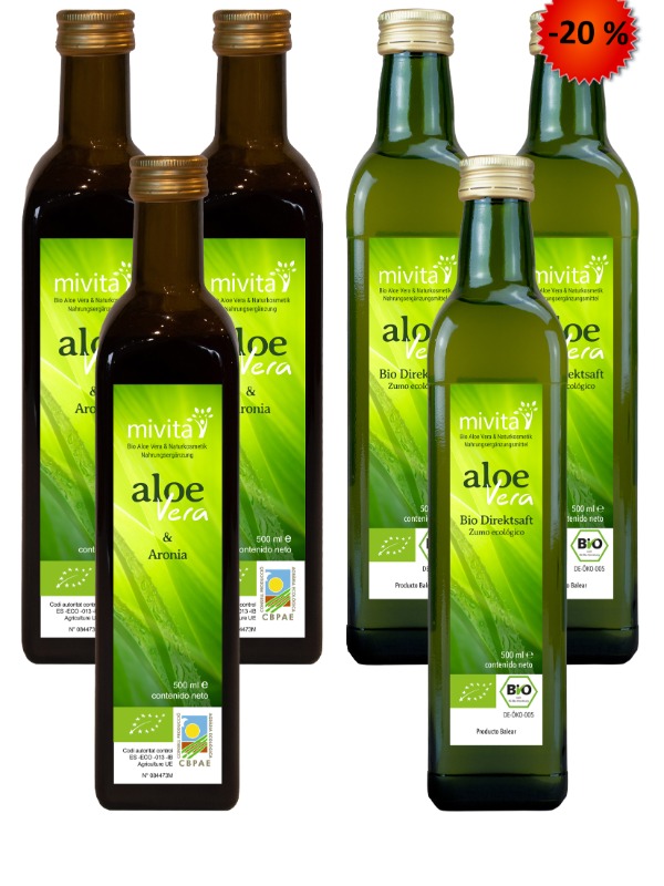 3 x Bio Aloe Vera Direktsaft + 3 x Bio Aloe Vera & Aronia Direktsaft